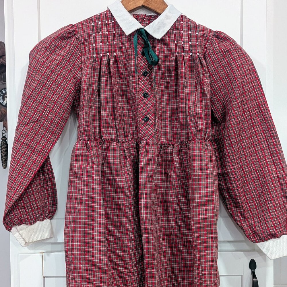 VTG Hand-Smocked Pioneer Girls Dress Red Green Tartan Plaid Size 10 Christmas